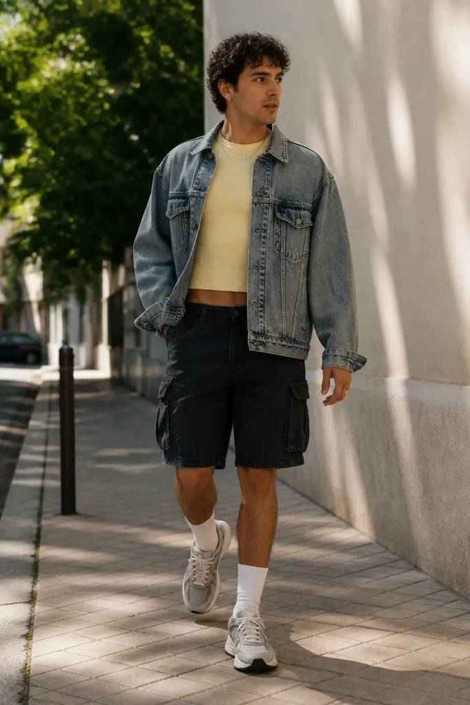 Man in a faded blue washed denim jacket, ribbed butter-yellow baby tee, dark cargo shorts, and tall crew socks with chunky sneakers; outdoors on a sunny street.