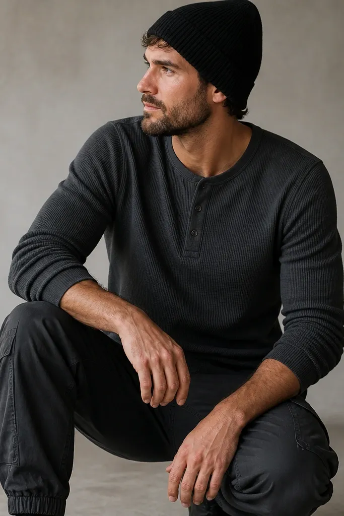 Man wearing a charcoal thermal henley with buttons, charcoal cargo joggers, and a black knit beanie; neutral background with soft daylight.