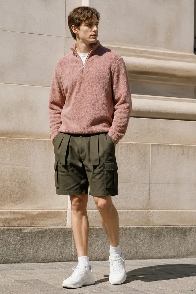 Man wearing a fuzzy quarter-zip fleece in dusty rose, pleated cargo shorts in dark olive, and chunky white sneakers; bright street lighting.