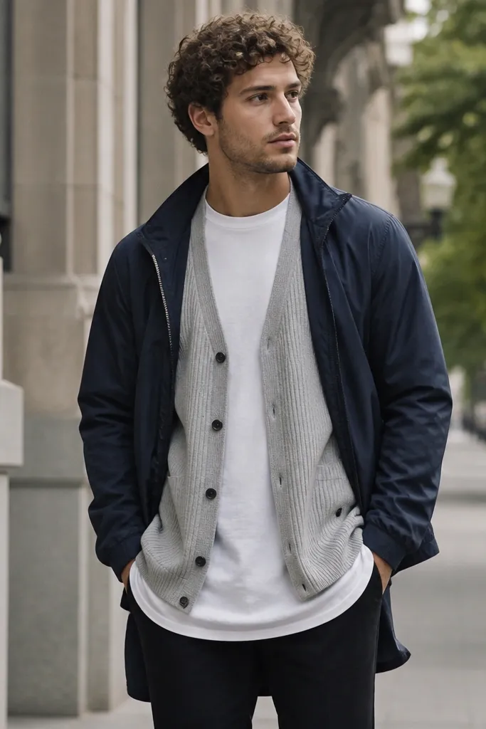 Man in a longline white tee, a ribbed cardigan in light gray, and a thin navy nylon windbreaker on top; hands in pockets, city sidewalk.
