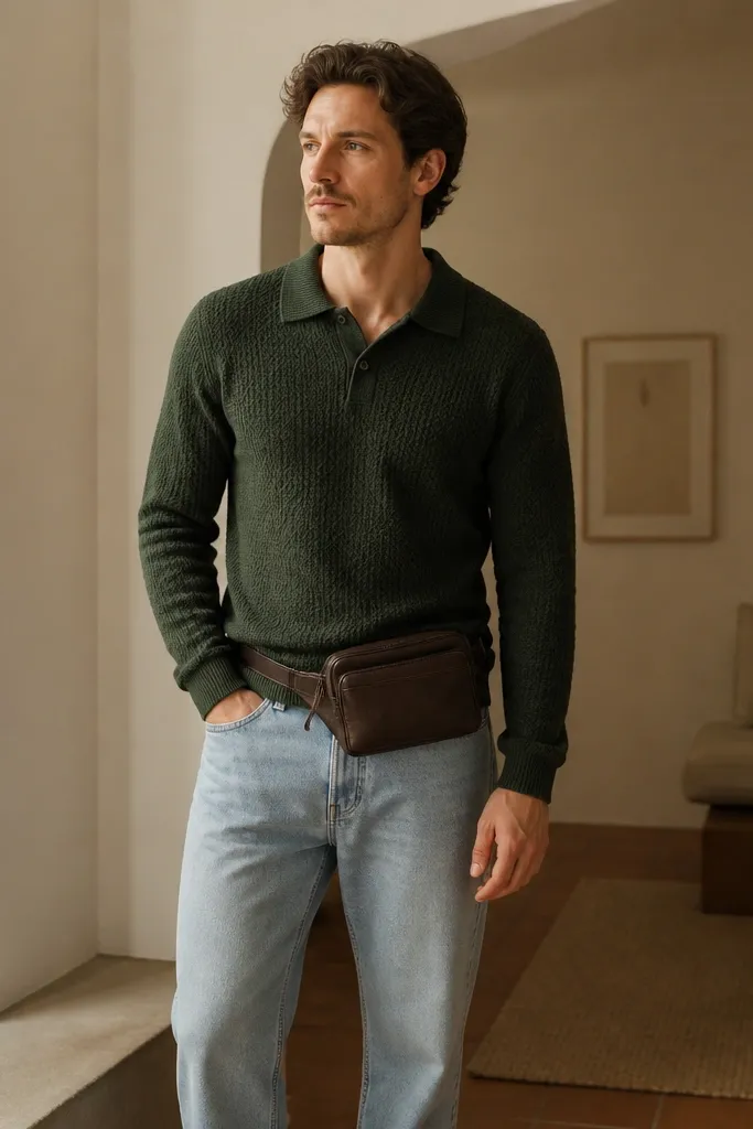 Man wearing a knit polo sweater in forest green, straight-leg light wash jeans, and a small crossbody belt bag worn at the waist; warm indoor lighting.