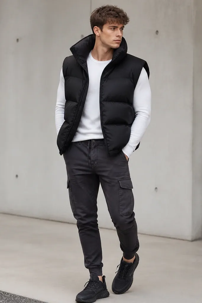 Man in an oversized puffer vest in black, layered over a fitted thermal tee in white, with slim cargo pants in dark gray and black sneakers.
