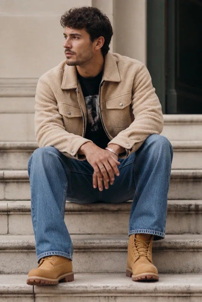 Man wearing a light tan sherpa jacket, a black graphic tee underneath, relaxed-fit blue jeans, and tan work boots; outdoor steps background.