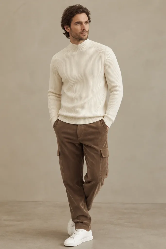 Man wearing a ribbed mock neck in cream, corduroy cargo pants in mocha brown, and clean white trainers; neutral studio-like background.