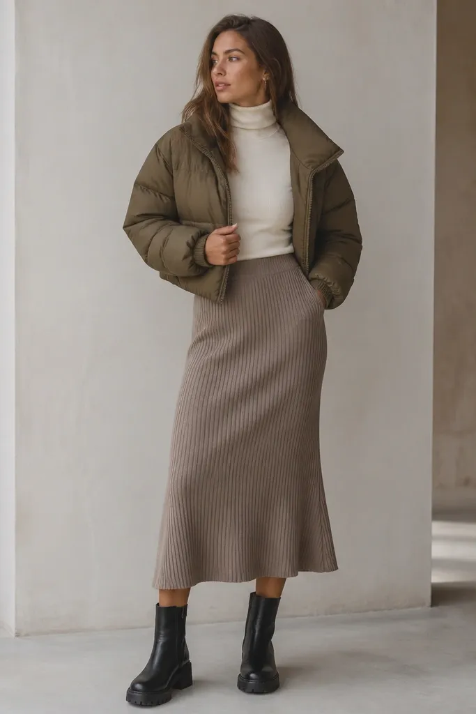 A cropped olive puffer jacket over a fitted cream turtleneck, styled with a ribbed knit midi skirt in taupe and chunky black ankle boots. The skirt hem hits mid-calf and flows smoothly below the jacket.