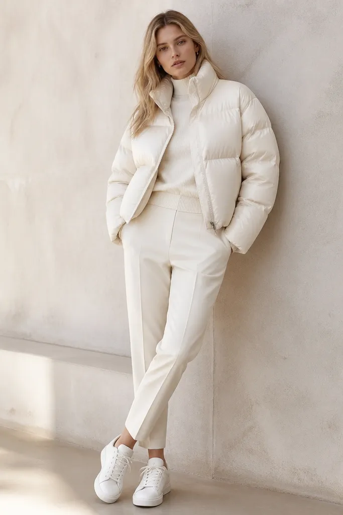 A cream cropped puffer jacket with a subtle sheen worn with matching tapered trousers in off-white, plus a cream mock-neck sweater. White sneakers complete the look; everything stays within one color family.