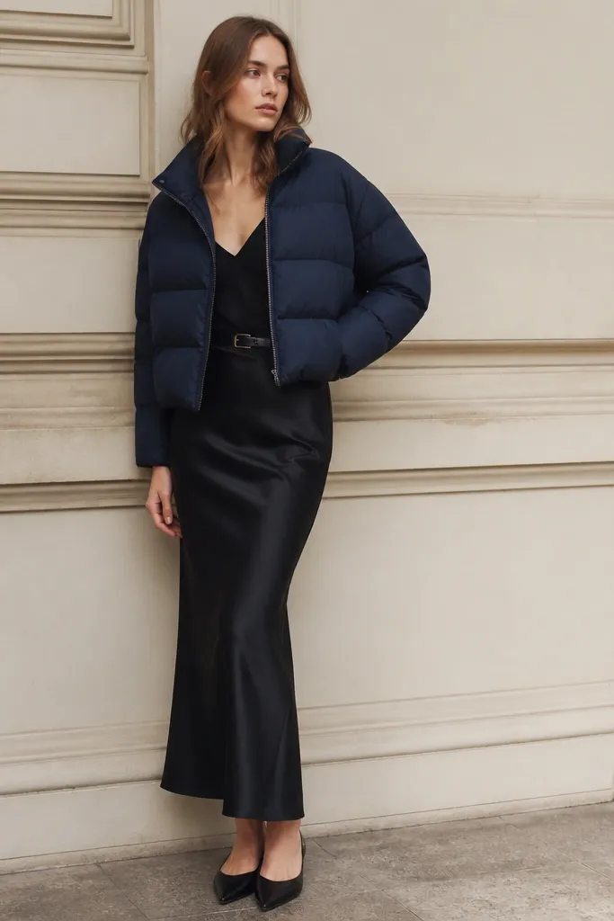 A cropped navy puffer jacket worn open over a black satin slip skirt. A thin belt cinches at the waist, and the person wears pointed-toe flats. The jacket ends right above the belt line.