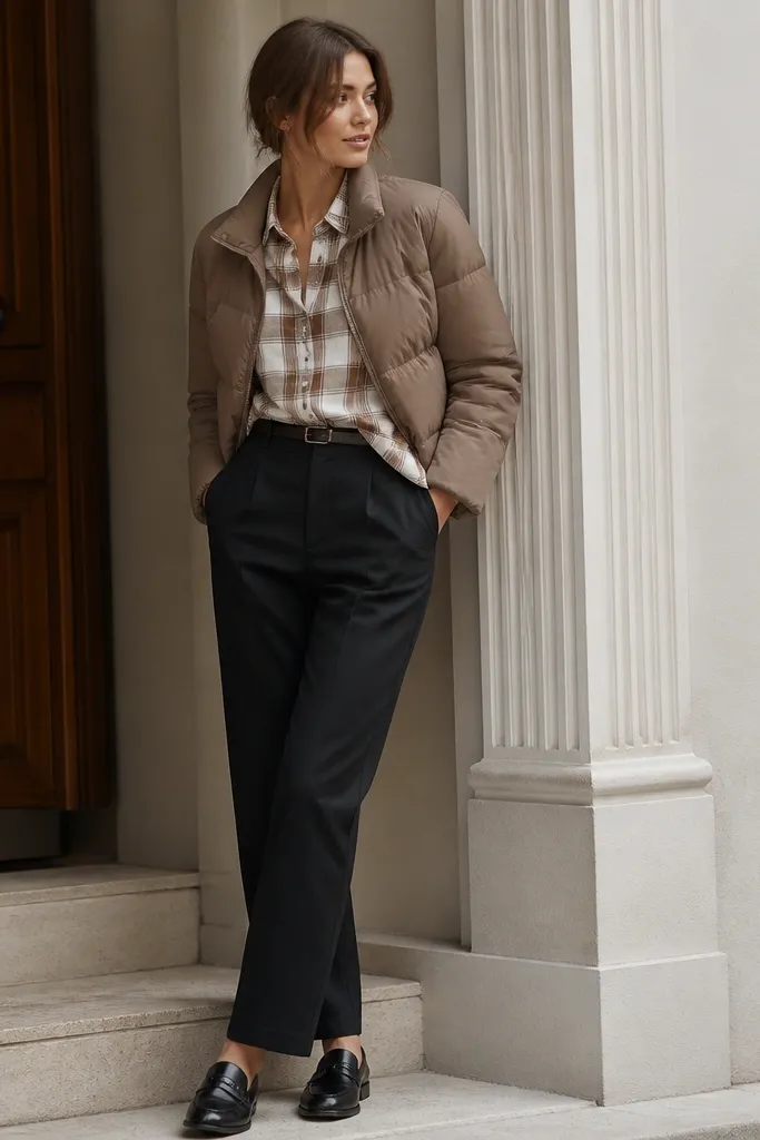 A cropped light-brown puffer jacket layered over a white-and-brown plaid button-down that’s half-tucked into high-waist black trousers. The outfit includes a slim belt and casual loafers.