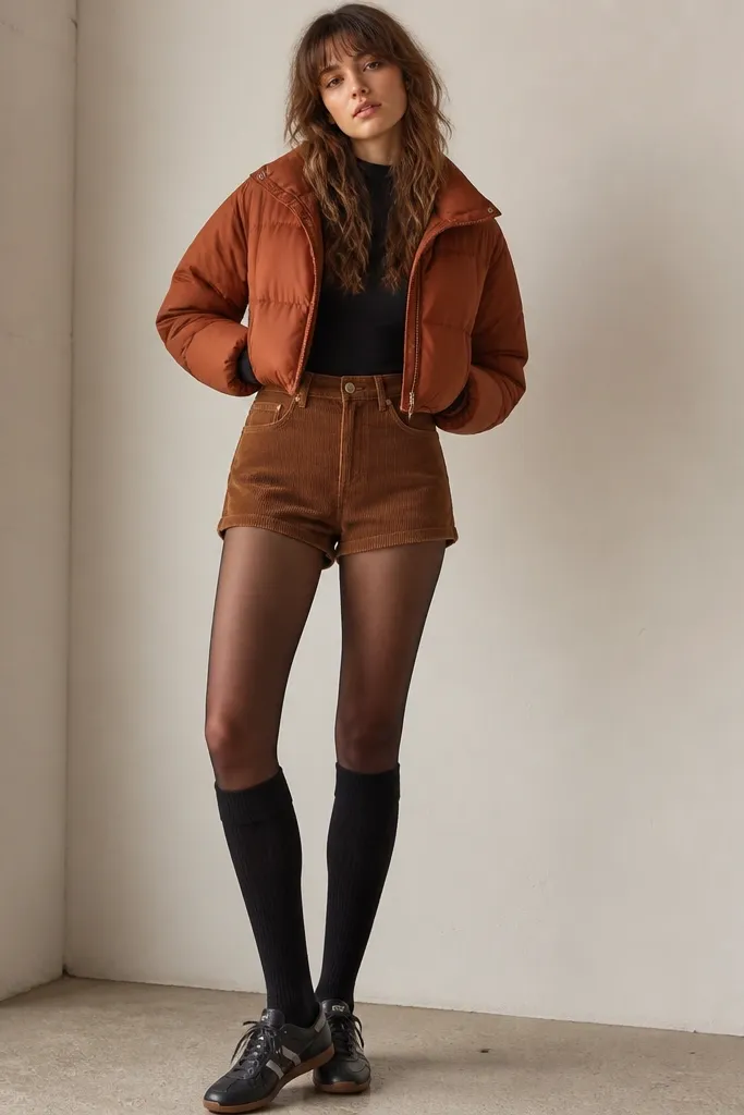 A cropped rust-brown puffer jacket over a black long-sleeve top, paired with high-rise corduroy shorts and sheer black tights. The look is finished with knee-high socks and dark sneakers.
