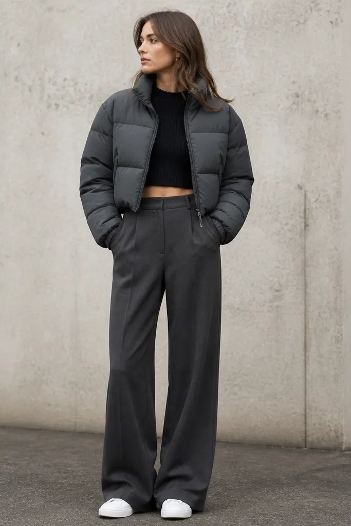 A cropped charcoal puffer jacket worn over a short ribbed sweater in black. The pants are high-waisted and wide-leg in dark gray, with minimal white sneakers.