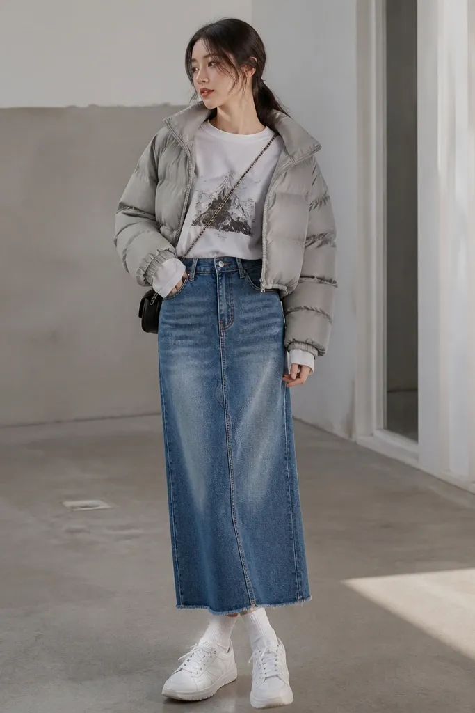 A cropped gray puffer jacket layered over a white long-sleeve tee with a black graphic on the chest, paired with a mid-blue denim skirt. White sneakers and a small crossbody bag finish it.
