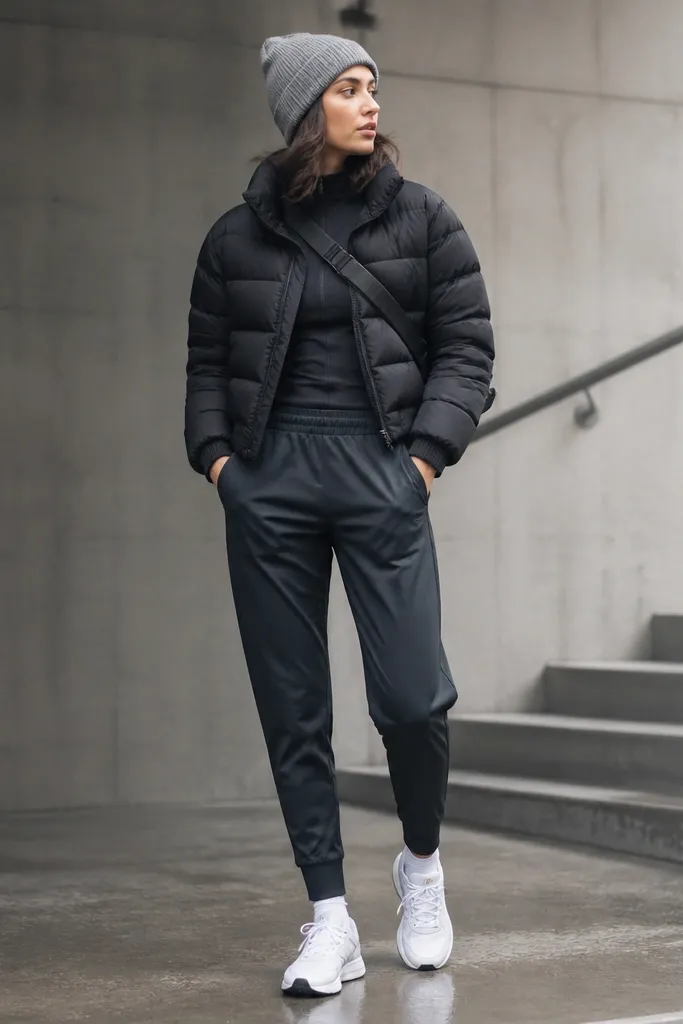 A cropped black puffer jacket worn over a fitted athletic top, paired with tapered track pants in charcoal and a ribbed beanie in heather gray. The person wears white running shoes and a crossbody strap.