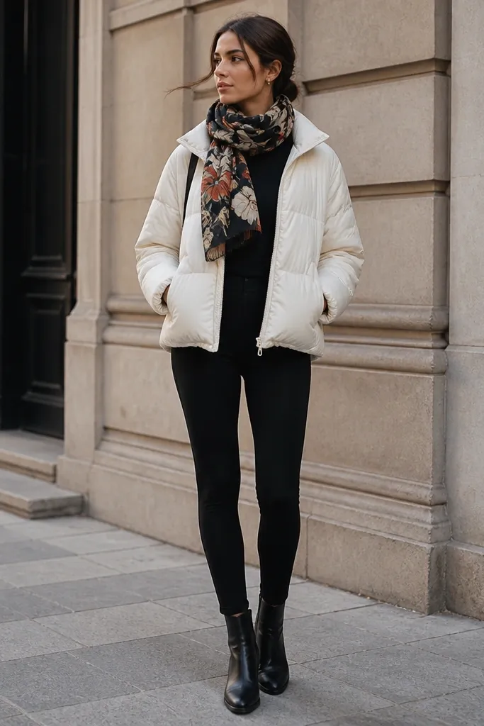 A cropped white or cream puffer jacket worn open over a black base layer and black leggings. A bold printed scarf (floral or geometric) is wrapped at the neck, and the look includes black ankle boots.