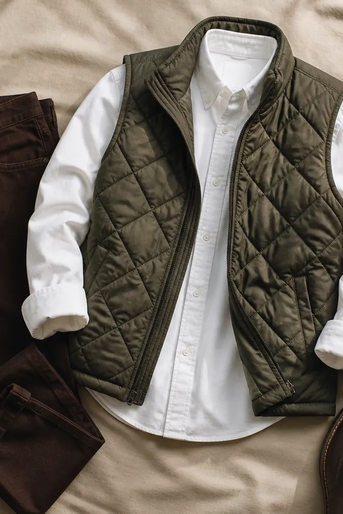 An outfit flat-lay: dark brown pants folded at the hem, a crisp white Oxford button-down, an olive quilted puffer vest layered on top, and a pair of dark brown boots at the edge of the frame.