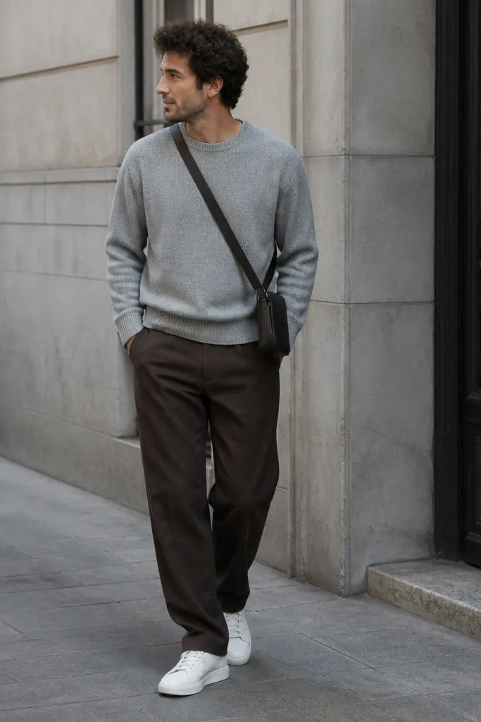 Casual street-style photo: dark brown pants with a heather gray crewneck sweater, the hem slightly break over clean white low-top sneakers. A crossbody bag sits at the hip.