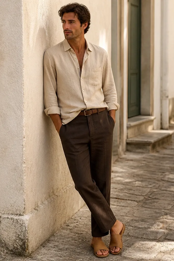 A warm-weather look: dark brown pants with a sand-beige linen button-down worn half-tucked, a dark brown leather belt, and tan slide sandals. The fabric wrinkles are visible, showing real linen texture.