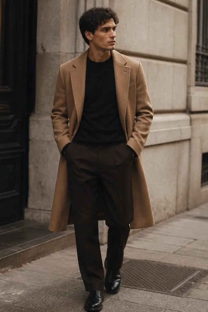 A layered street-style photo: dark brown pants with a fitted black crew tee, topped with a camel long overcoat. The coat falls past the hips, and black shoes peek out at the bottom.
