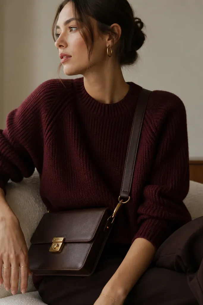 A cozy outfit photo: dark brown pants with a burgundy knit sweater, a structured crossbody bag with gold hardware, and minimal gold hoop earrings. The sweater texture is clearly visible.