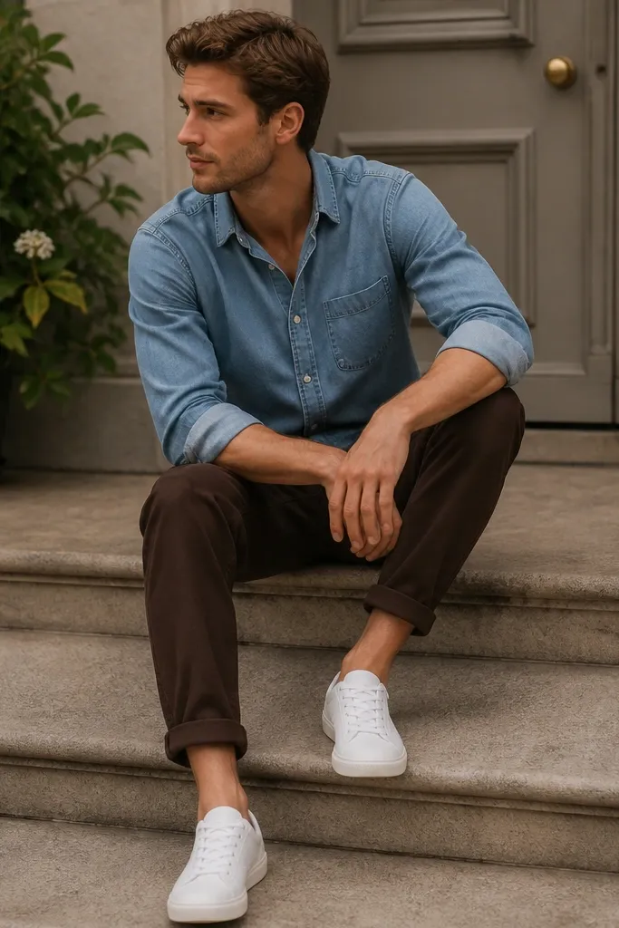 A casual photo showing dark brown pants with a light blue denim button-up. The cuffs are rolled once, revealing a bit of ankle, and the shoes are white sneakers for a clean finish.
