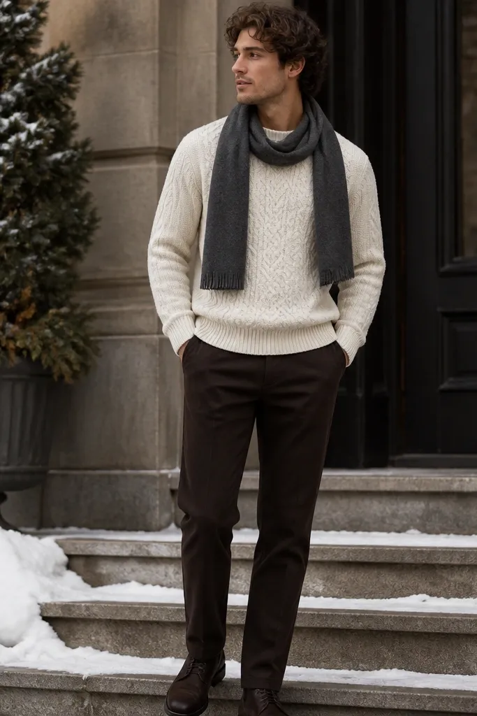 A winter-ready outfit image: dark brown pants with an ivory cable-knit sweater, a charcoal scarf draped at the neck, and dark shoes. The cable pattern adds visible dimension.