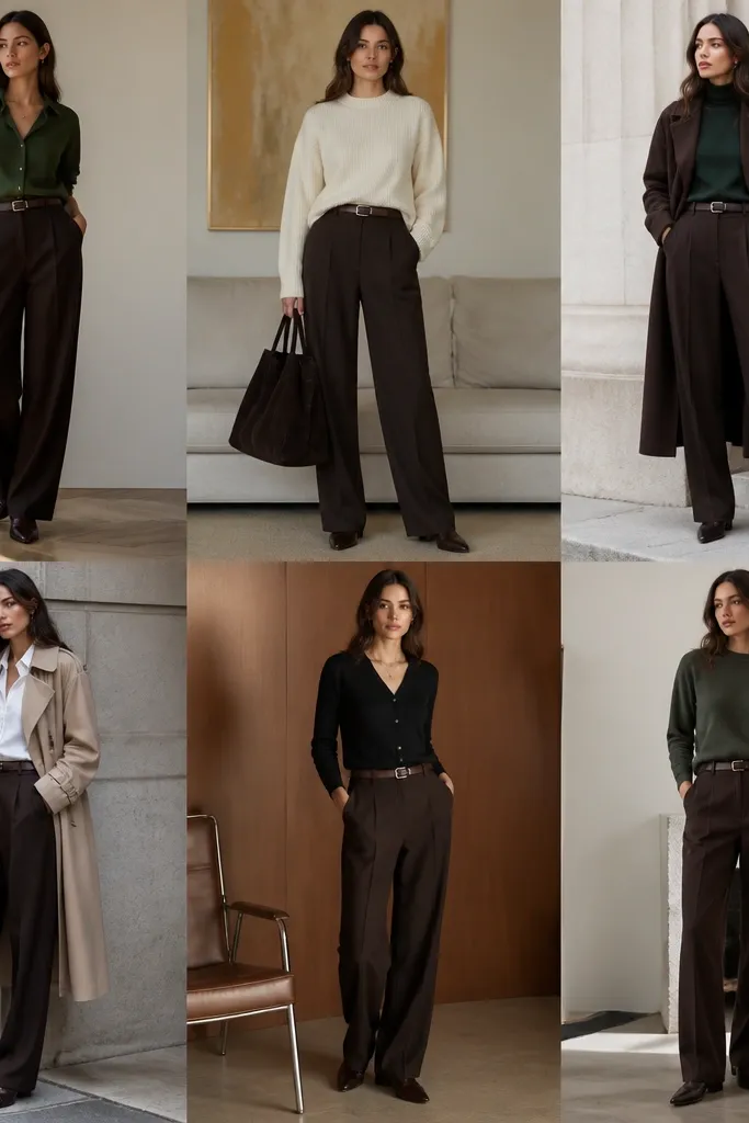 Seasonal-Evergreen Dark Brown Pants Outfit Ideas