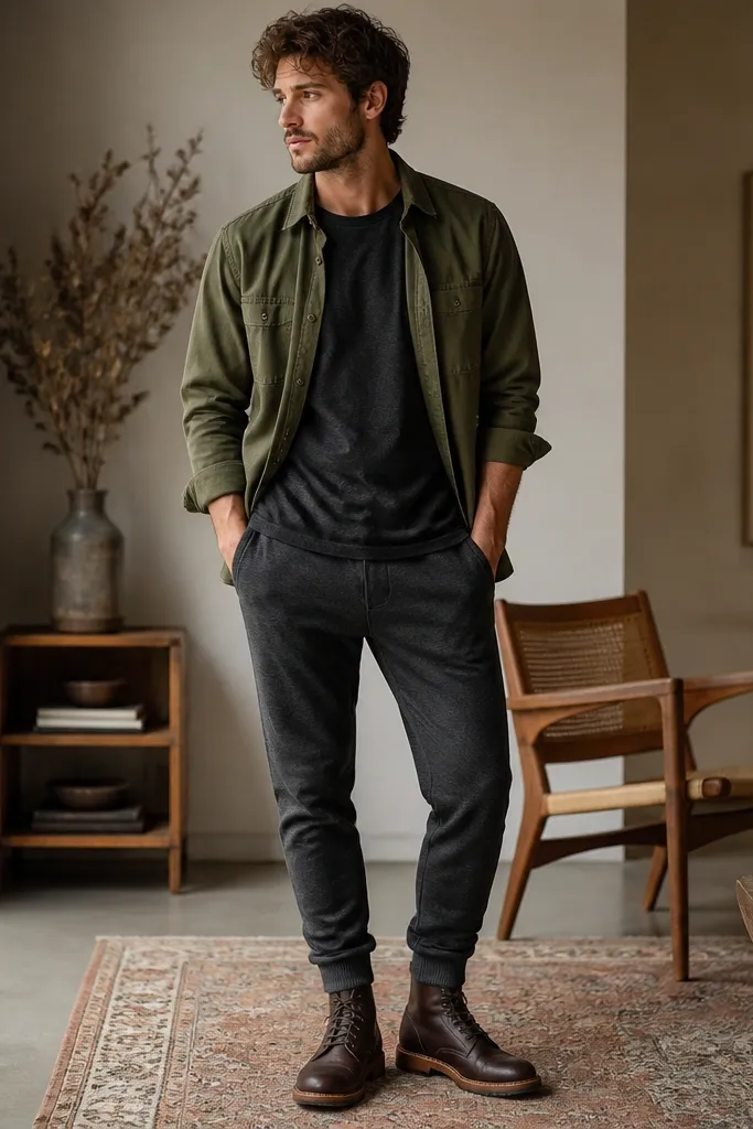 A casual outfit photo with an olive overshirt worn open over a dark tee, charcoal joggers, and dark brown boots; the stance shows the boots with a slight cuffed jogger hem.