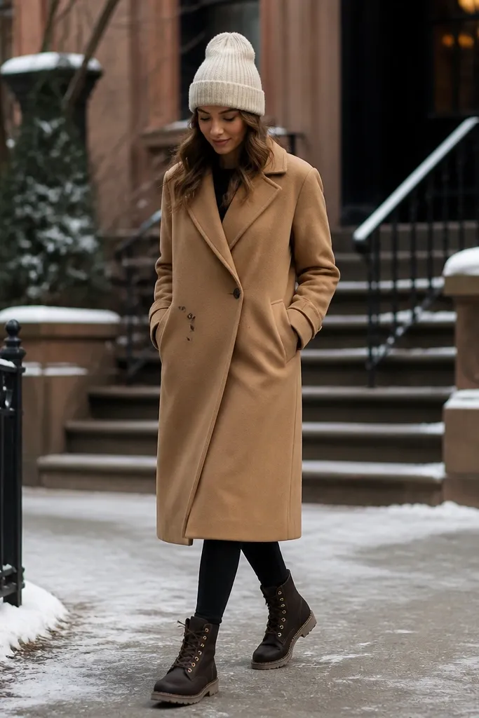 A full-body winter look featuring a camel wool coat over black leggings, dark brown timberland boots, and a cream knit beanie; the coat hem falls around mid-calf.