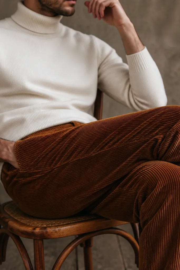 A close, styled shot of rust-brown corduroy pants with a cream turtleneck and dark brown boots; the cord texture is clearly visible at the thigh and knee.