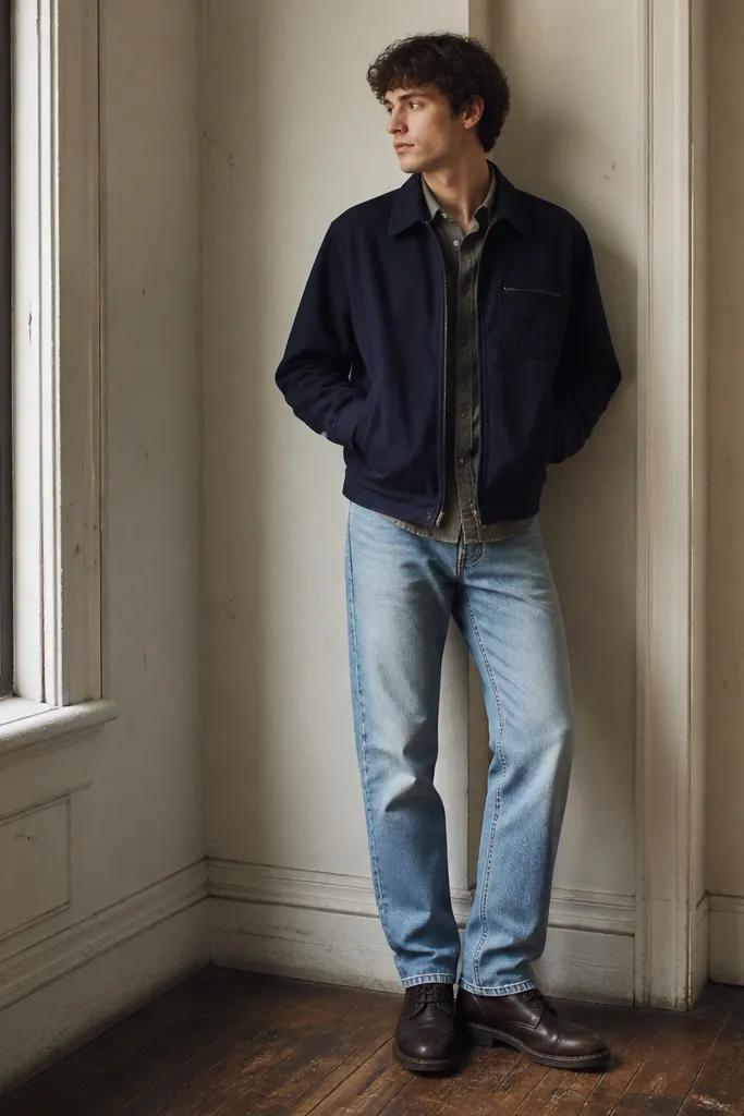 A casual men’s-style outfit with a navy work jacket, light wash jeans, and dark brown boots; the jeans show a slight taper and a visible boot break.