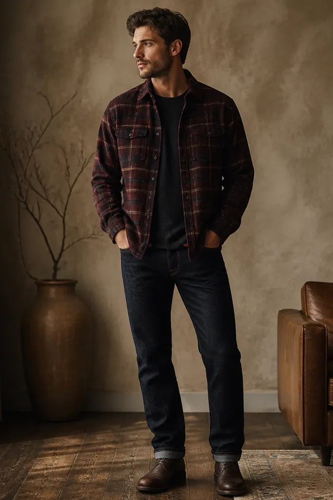 A layered look with a burgundy flannel button-up worn over a dark tee, straight-leg dark jeans, and dark brown boots; the flannel hem is slightly untucked.
