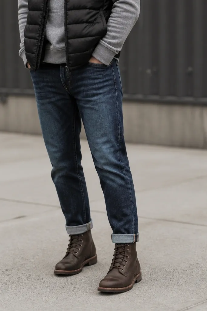 A street-style photo of a black puffer vest layered over a heather gray hoodie, with cuffed jeans and dark brown boots; the camera shows the boots against a neutral walkway.