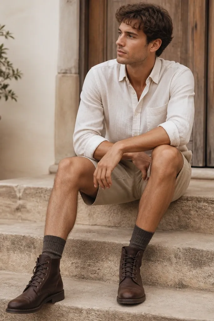 A transitional outfit with sand-colored chino shorts, a light linen long-sleeve shirt slightly rolled at the sleeves, and dark brown boots; the boots are clearly shown with a mid-calf sock.