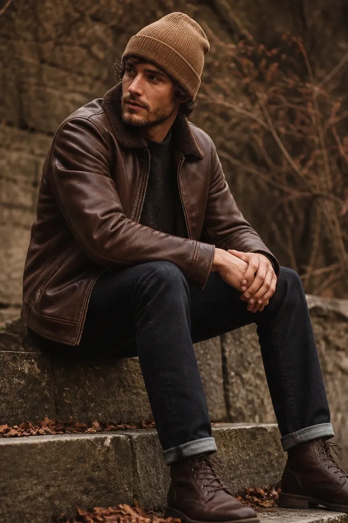 A moody outfit with a chocolate brown leather jacket, dark jeans, dark brown boots, and a tan knit beanie; the camera focuses on the warm brown tones blending together.