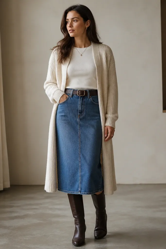 A women’s outfit with a denim midi skirt worn with a cream long cardigan and dark brown boots; the skirt hem sits above the boot top and the cardigan drapes down.