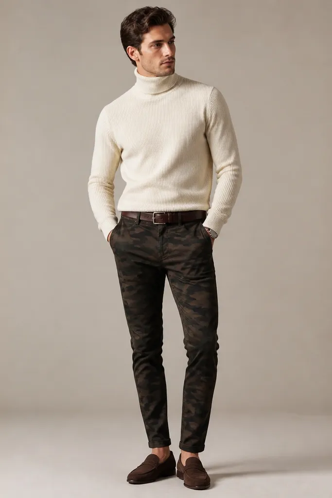 A clean outfit photo: cream ribbed turtleneck tucked into dark olive-and-black camo slim pants, worn with dark brown suede loafers and a thin belt; background is neutral for contrast.