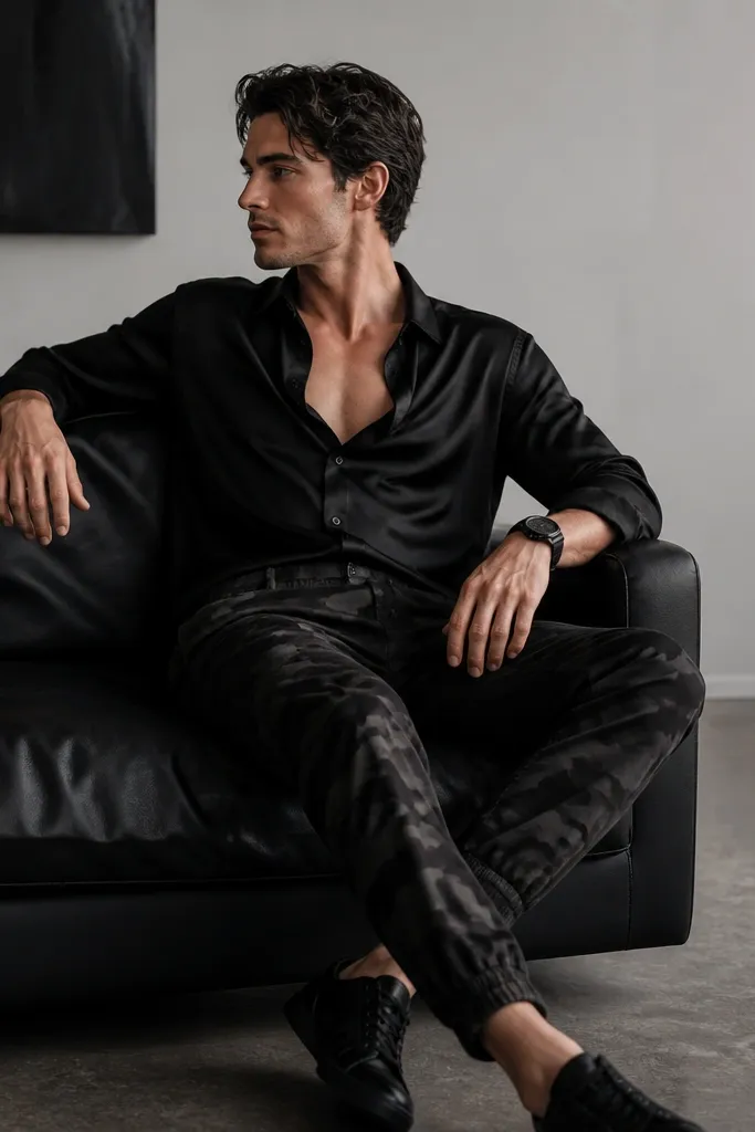 A monochrome look: dark camo pants paired with a black satin-finish button-up worn slightly open at the collar, plus a black watch and black low-top sneakers.