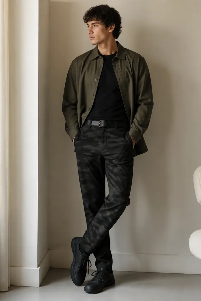 A layered outfit: black fitted tee tucked into dark camo pants, olive overshirt buttoned at the top, and a glossy black belt with a minimal buckle; paired with dark sneakers.