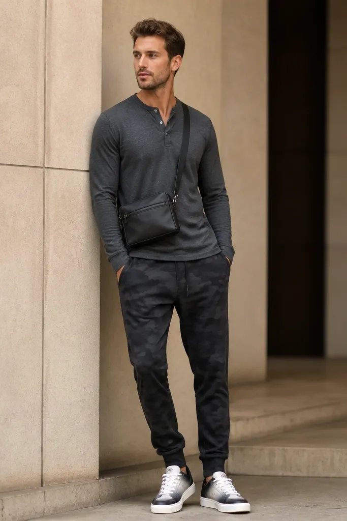A casual luxe look: charcoal henley shirt with dark camo pants, worn with clean white-to-charcoal leather sneakers and a minimal crossbody bag.