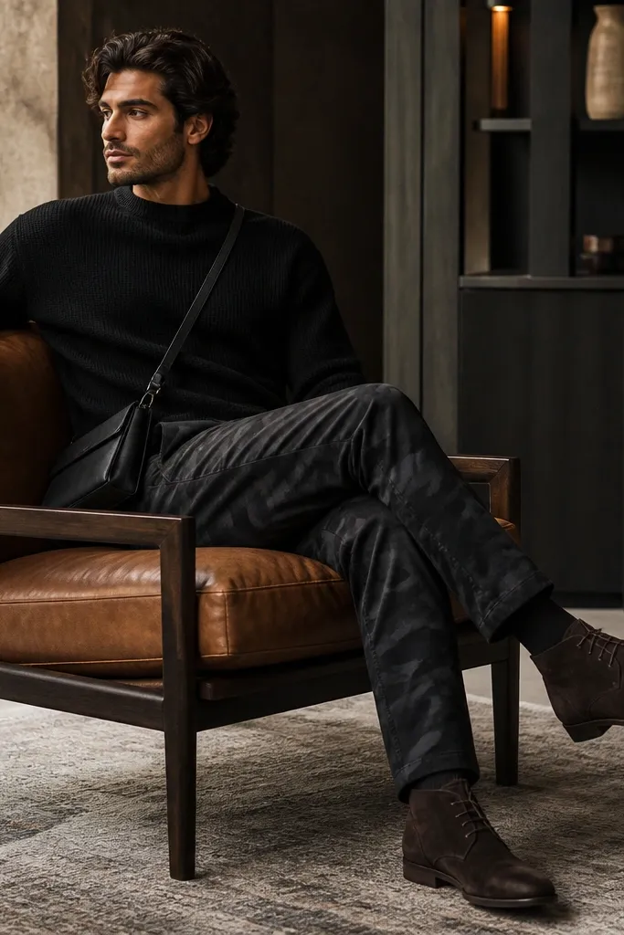 A cozy-meets-luxe outfit: black crewneck sweater over dark camo pants, with espresso suede chukka boots and a slim black crossbody bag.