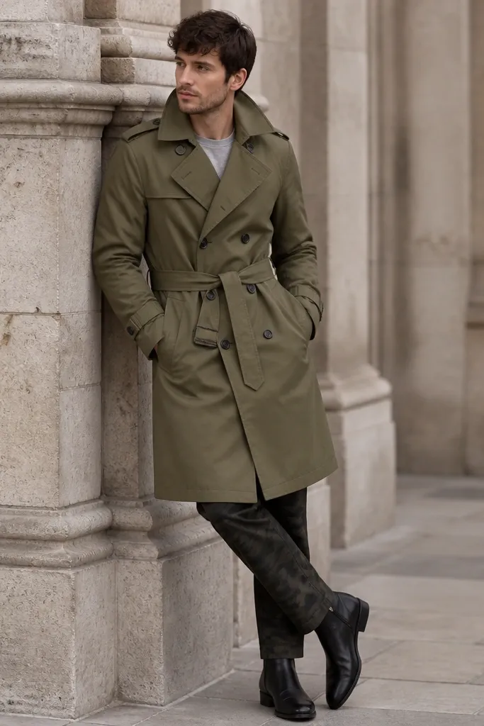 A polished outerwear look: an olive-tinted trench coat over dark camo pants, with black ankle boots and a light gray crewneck visible at the collar.