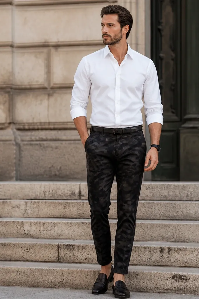 A crisp look: white oxford button-down tucked into dark camo tapered pants, with a black watch, slim black belt, and dark leather loafers.