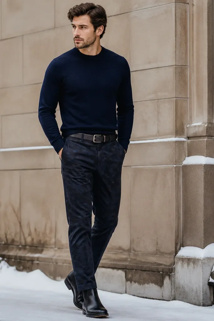A refined winter outfit: midnight navy cashmere-blend crew sweater with dark camo straight-leg pants, finished with a dark leather belt and black Chelsea boots.