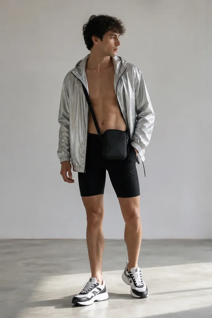 Man in a shiny silver windbreaker worn open over black bike shorts, with chunky white-and-black sneakers; small crossbody bag at hip level.