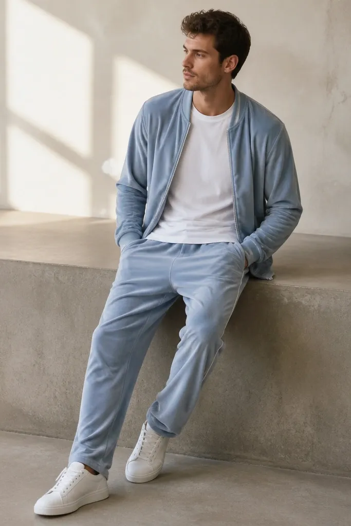 Man wearing a velour track top and matching pants in a soft pastel color, with a plain white crewneck tee underneath; relaxed fit and clean white sneakers.