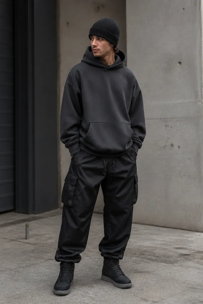 Man in an oversized charcoal hoodie, black nylon cargos with a slight sheen, ribbed beanie, and dark high-top sneakers; neutral-toned street stance.