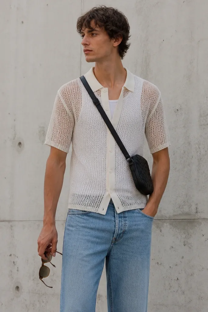 Man wearing a translucent mesh polo shirt over a fitted base layer, paired with straight-leg jeans and a small belt bag worn crossbody; sunglasses in hand.
