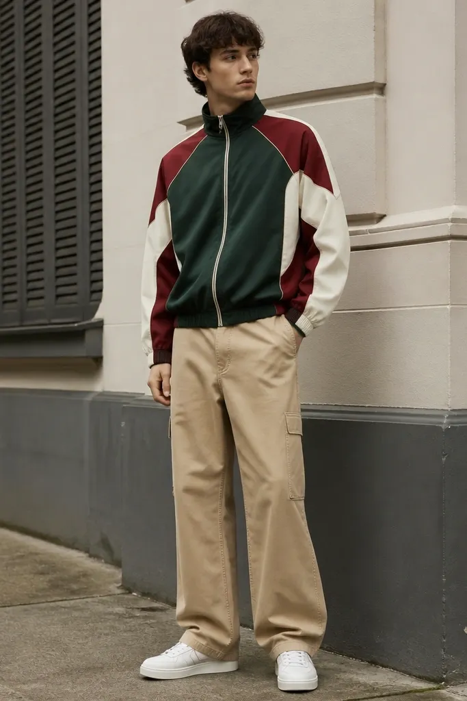 Man in a color-block track jacket with contrasting panels, paired with baggy tan carpenter pants and white sneakers; standing outdoors with a casual posture.