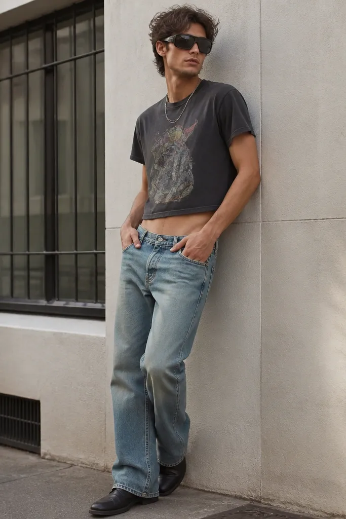 Man wearing low-rise straight-leg jeans with a slightly cropped graphic tee, plus oversized sunglasses and a thin chain; clean casual street pose.