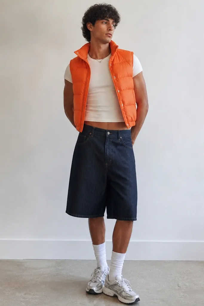 Man layered in a bright puffer vest over a baby tee, with darker denim skirt-like shorts and high socks; sneakers visible at the bottom of the frame.