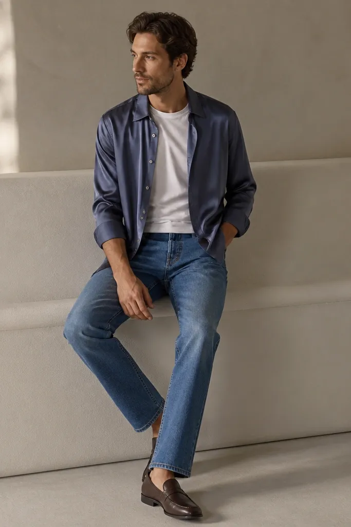 Man wearing an open satin button-up over a plain tee, with straight-leg blue jeans and sleek loafers; soft highlights on the satin fabric.